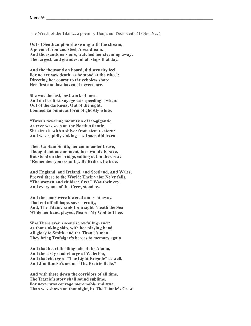 The Wreck of the Titanic, a Poem by Benjamin Peck Keith (1856- 1927)