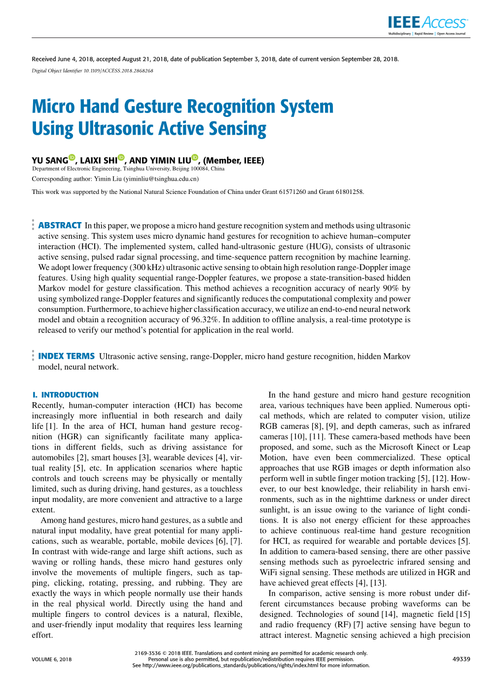 Micro Hand Gesture Recognition System Using Ultrasonic Active Sensing