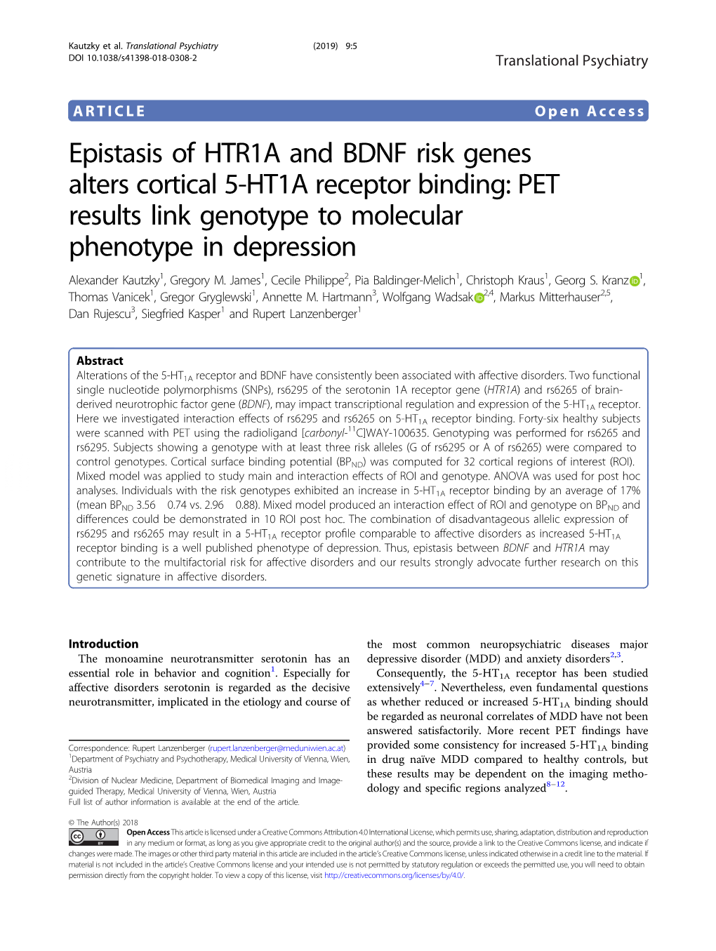 Epistasis of HTR1A and BDNF Risk Genes Alters Cortical 5-HT1A