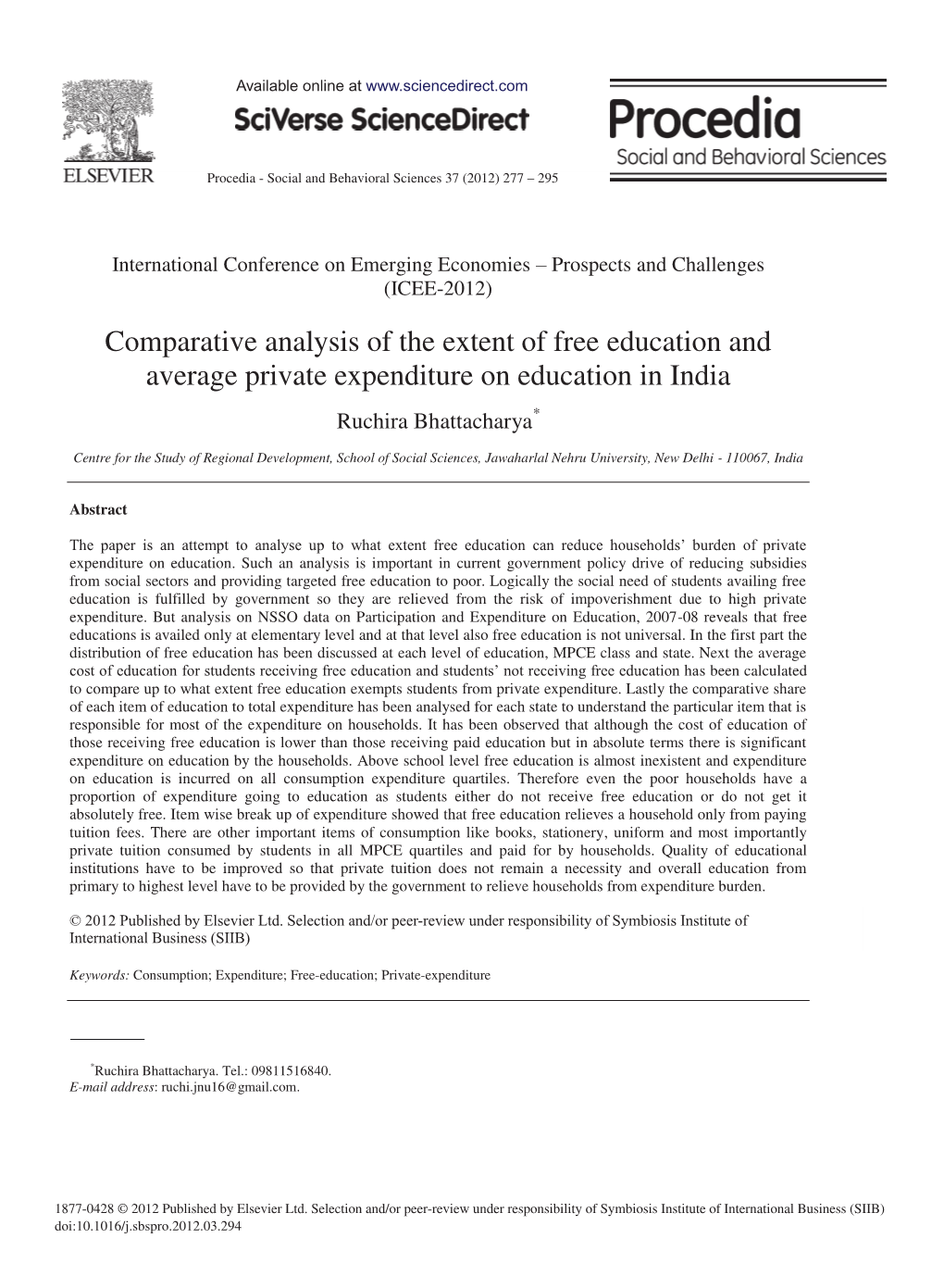 Comparative Analysis of the Extent of Free Education and Average Private Expenditure on Education in India