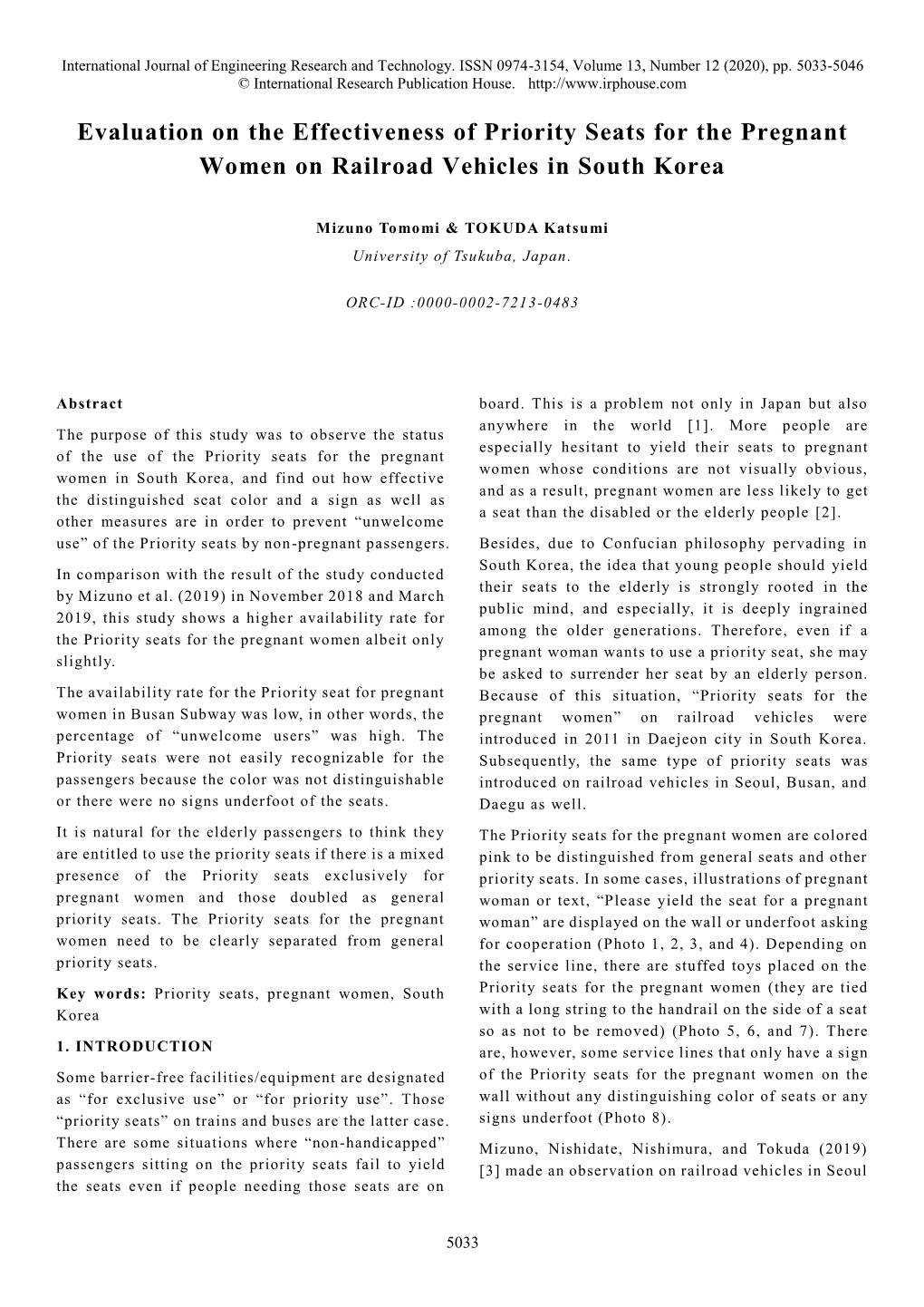 Evaluation on the Effectiveness of Priority Seats for the Pregnant Women on Railroad Vehicles in South Korea