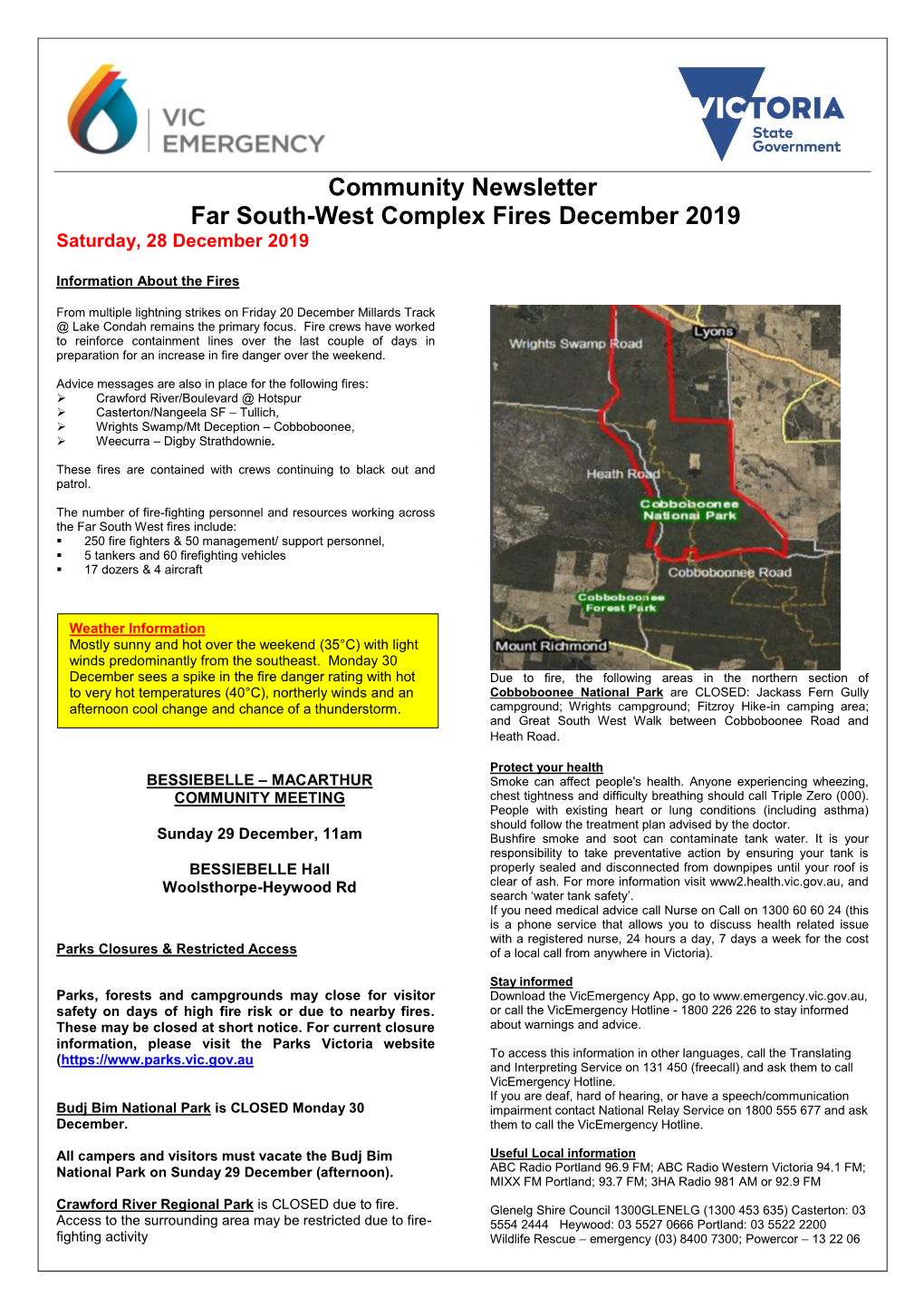 Community Newsletter Far South-West Complex Fires December 2019 Saturday, 28 December 2019