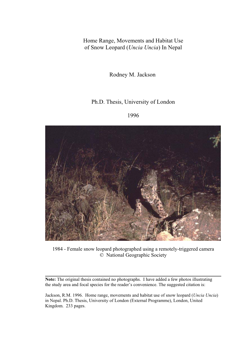 In Nepal Rodney M. Jackson Ph.D. Thesis, University of London 1996