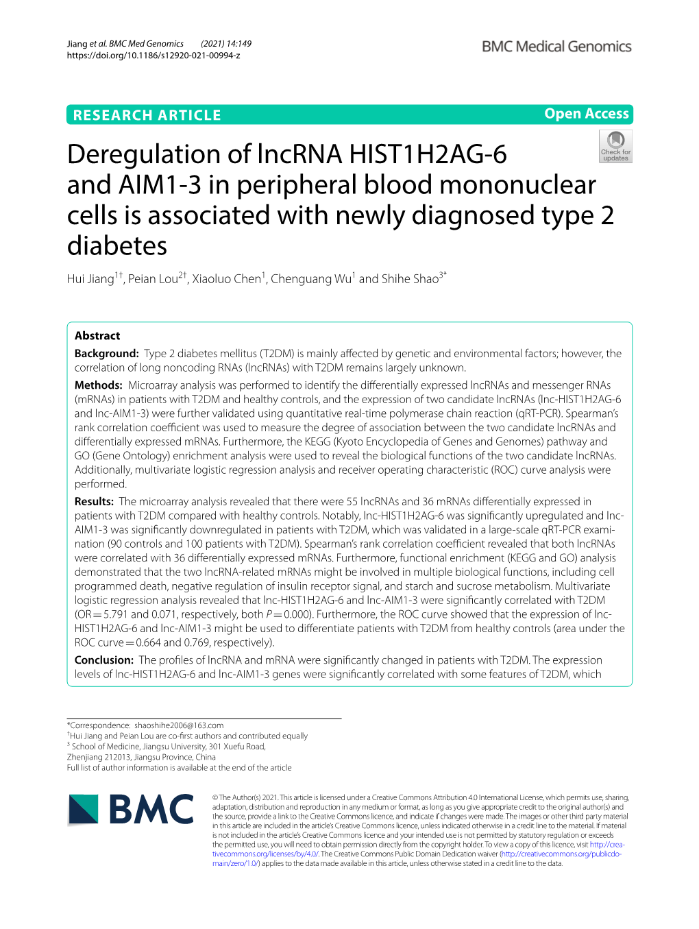 Deregulation of Lncrna HIST1H2AG-6 and AIM1-3 In