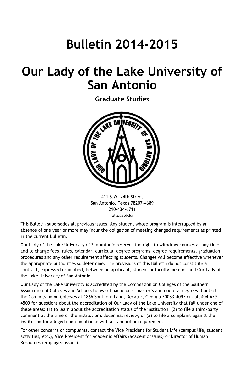 Bulletin 2014-2015 Our Lady of the Lake University of San Antonio