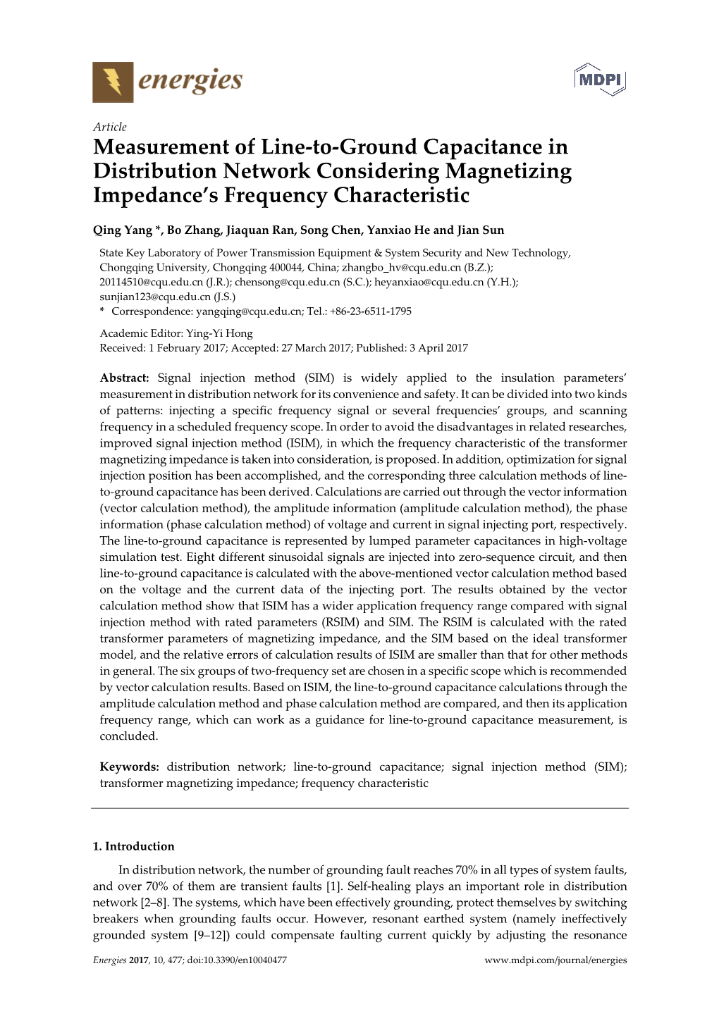 Measurement of Line-To-Ground Capacitance in Distribution Network Considering Magnetizing Impedance’S Frequency Characteristic