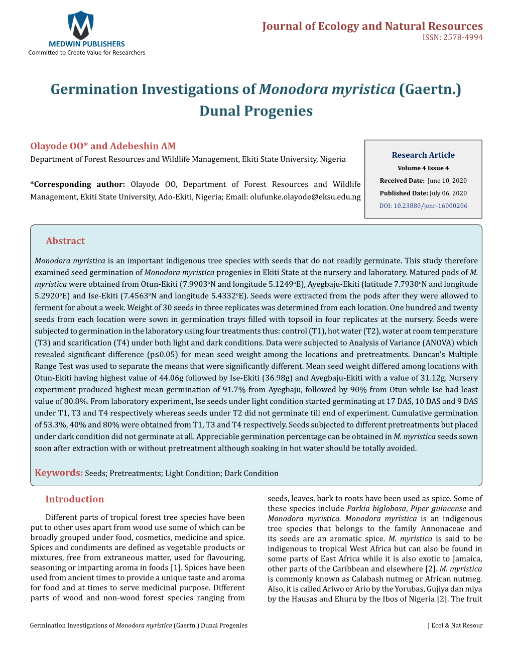 Germination Investigations of Monodora Myristica (Gaertn.) Dunal Progenies