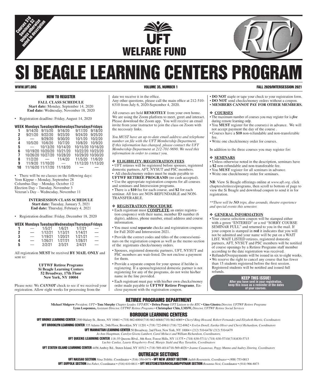 Si Beagle Learning Centers Program Volume 35, Number 1 Fall 2020/Intersession 2021