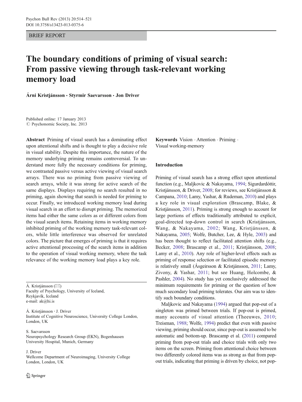 The Boundary Conditions of Priming of Visual Search: from Passive Viewing Through Task-Relevant Working Memory Load