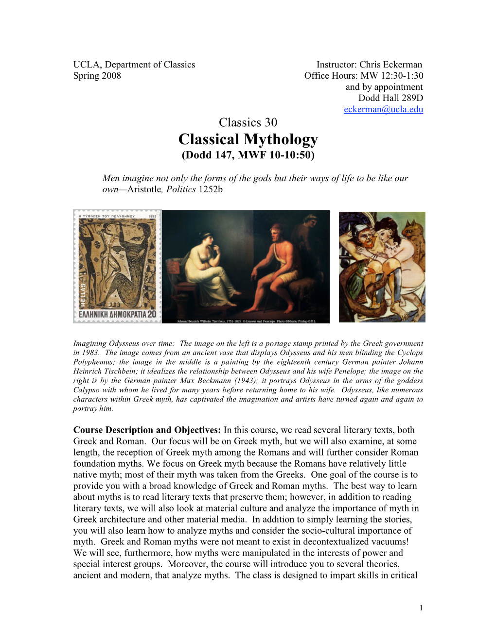 Classical Mythology (Dodd 147, MWF 10-10:50)