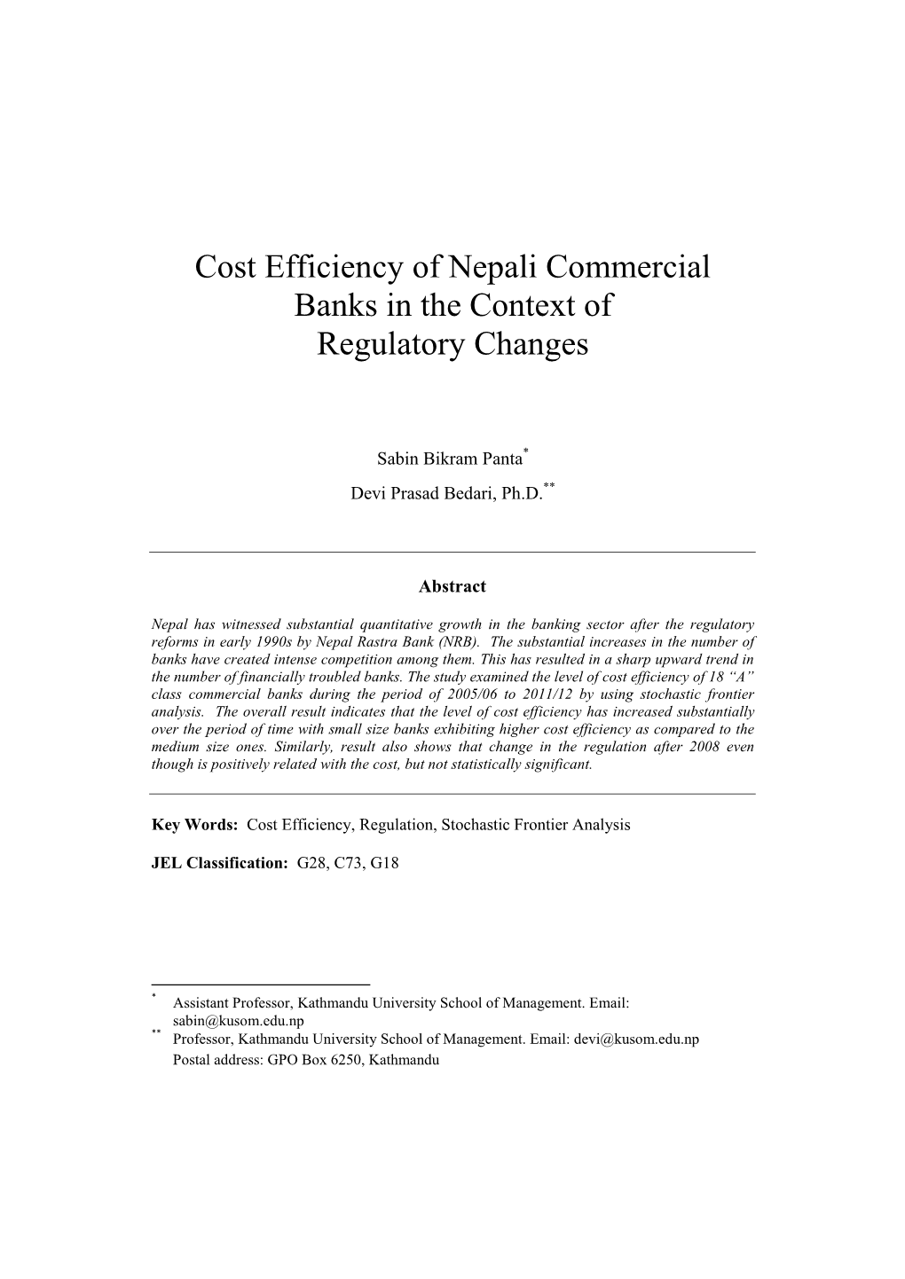Cost Efficiency of Nepali Commercial Banks in the Context of Regulatory Changes