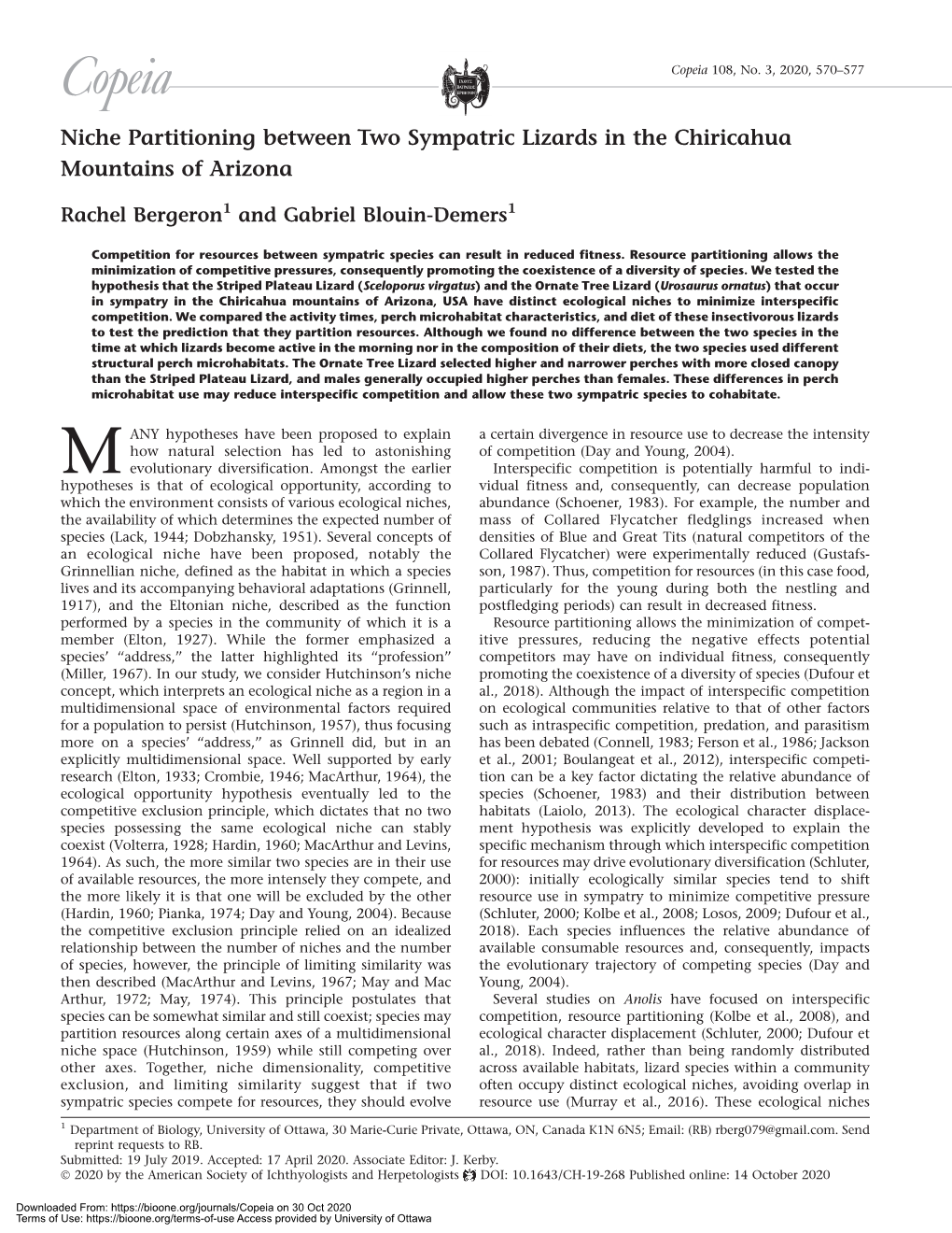 Niche Partitioning Between Two Sympatric Lizards in the Chiricahua Mountains of Arizona