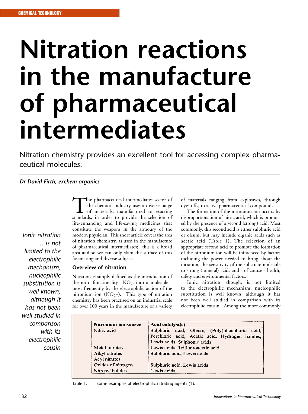 Nitration Reactions in the Manufacture of Pharmaceutical Intermediates Nitration Chemistry Provides an Excellent Tool for Accessing Complex Pharma- Ceutical Molecules