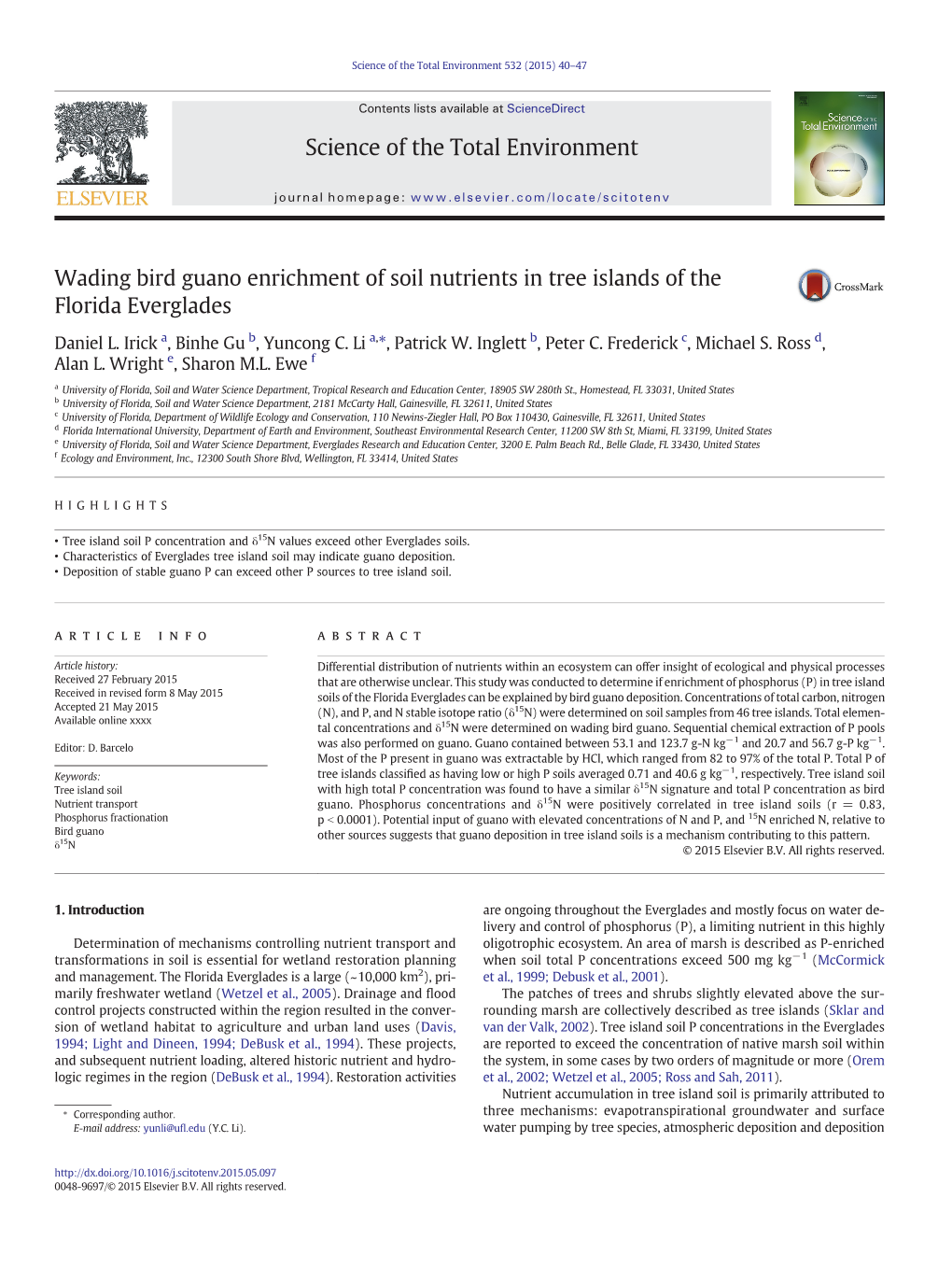 Wading Bird Guano Enrichment of Soil Nutrients in Tree Islands of the Florida Everglades