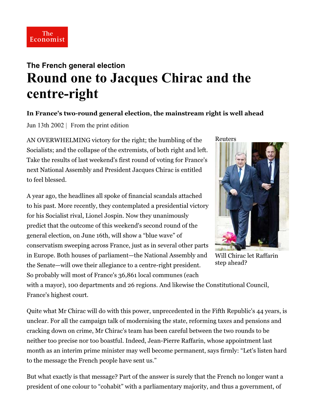 Round One to Jacques Chirac and the Centre-Right