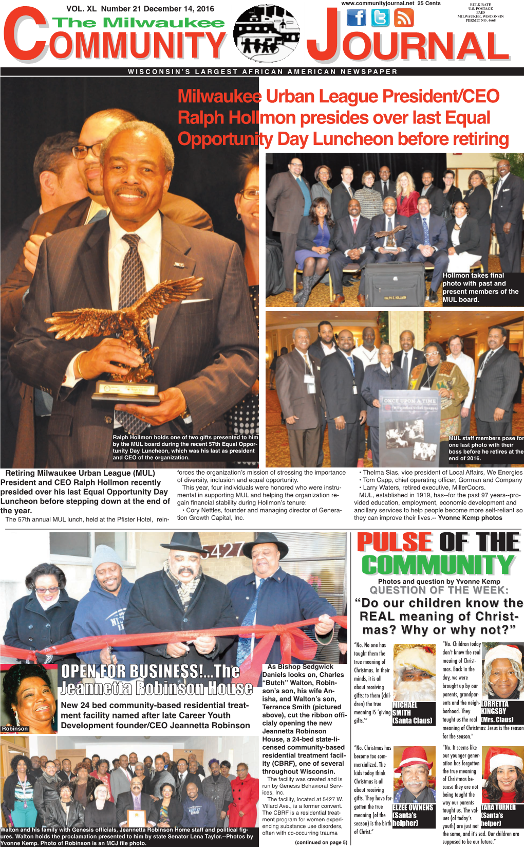 Milwaukee Community Journal December 14, 2016 Page 2 a Fellows of Distinction Award Honors Thelma A