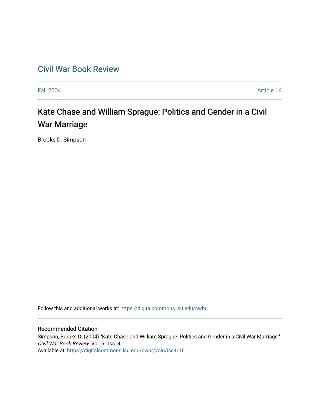 Kate Chase and William Sprague: Politics and Gender in a Civil War Marriage