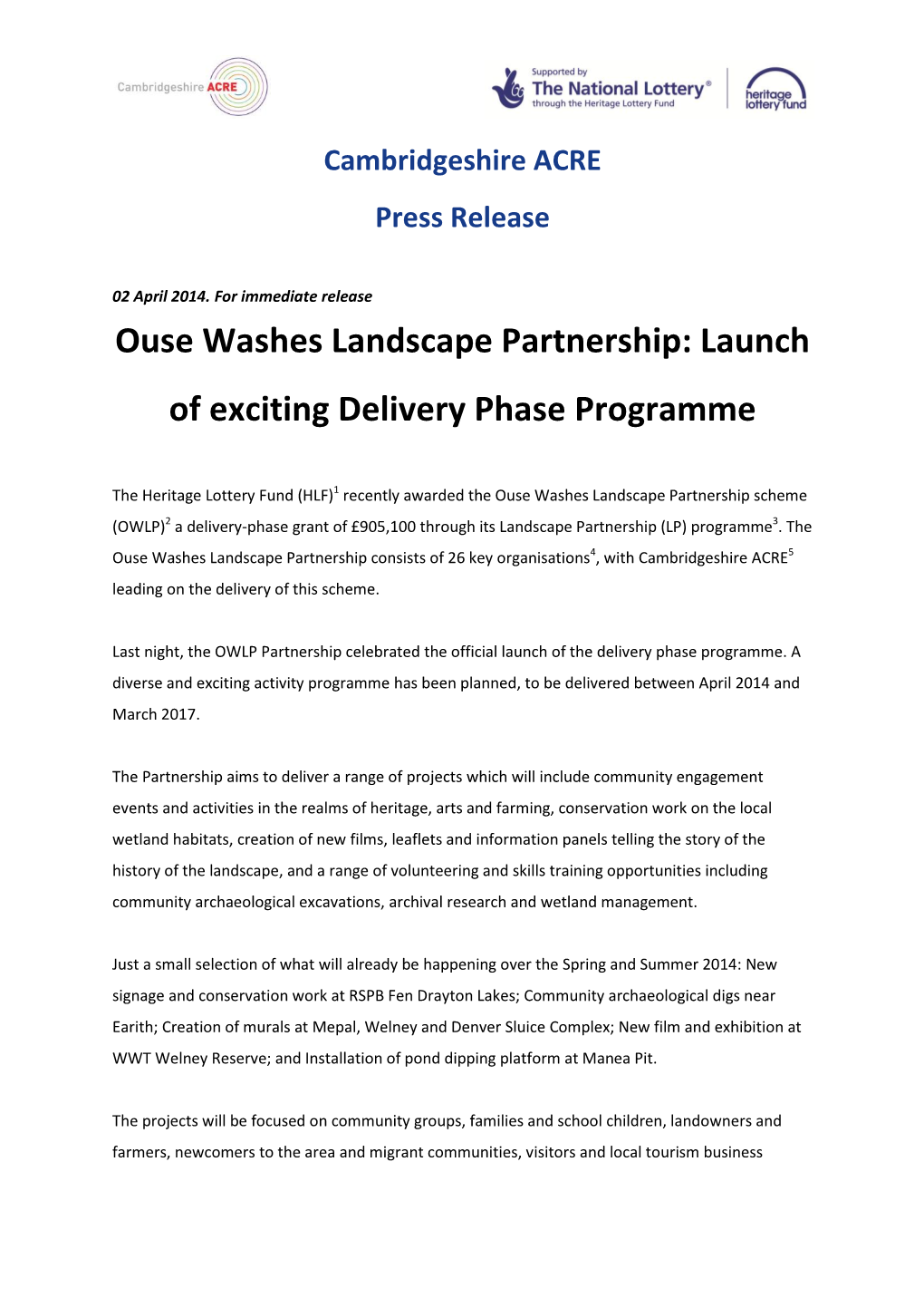Ouse Washes Landscape Partnership: Launch of Exciting Delivery Phase Programme