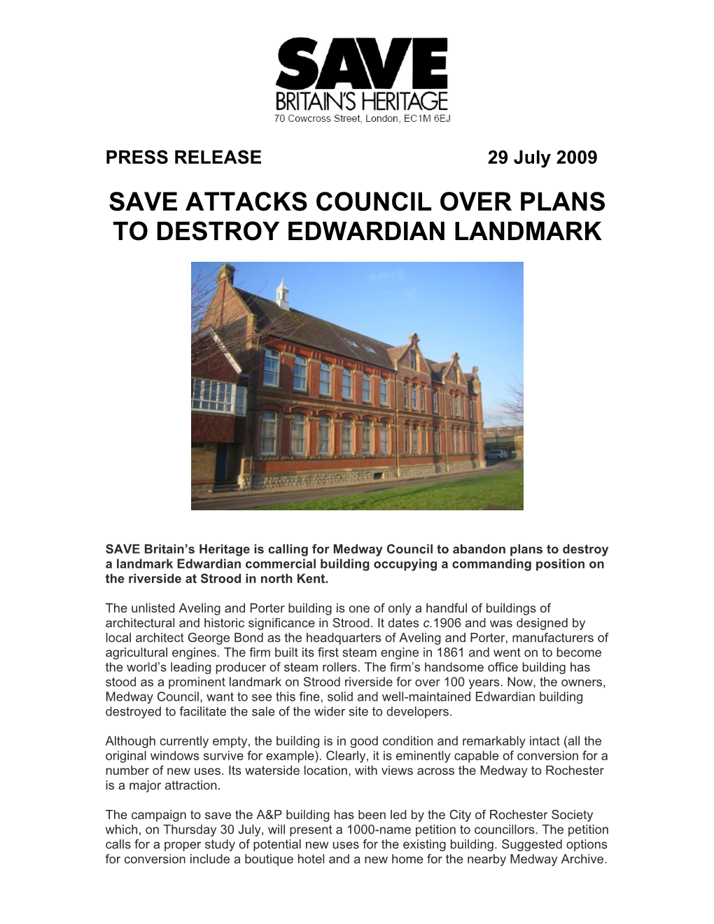 PRESS RELEASE 29 July 2009