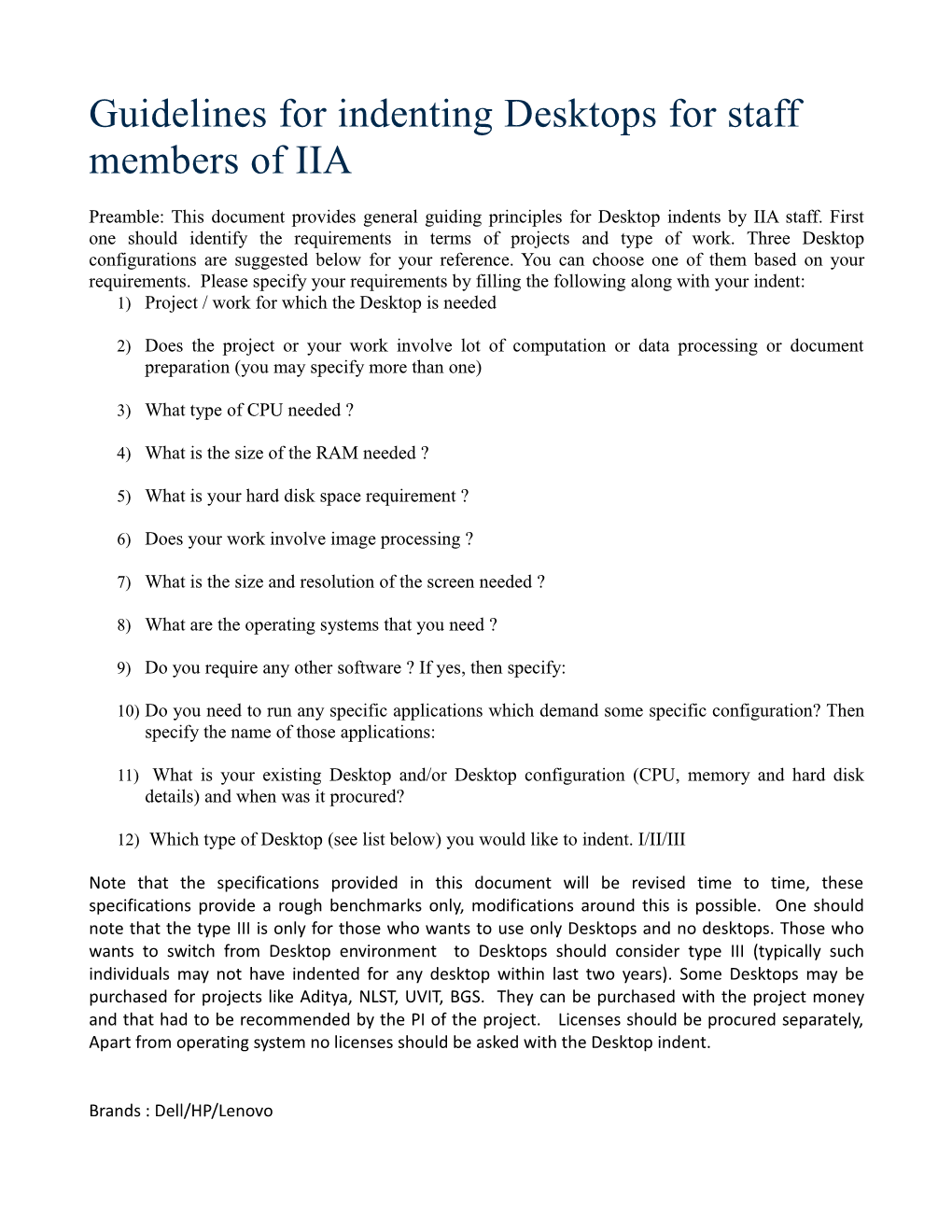 Guidelines for Indenting Desktops for Staff Members of IIA
