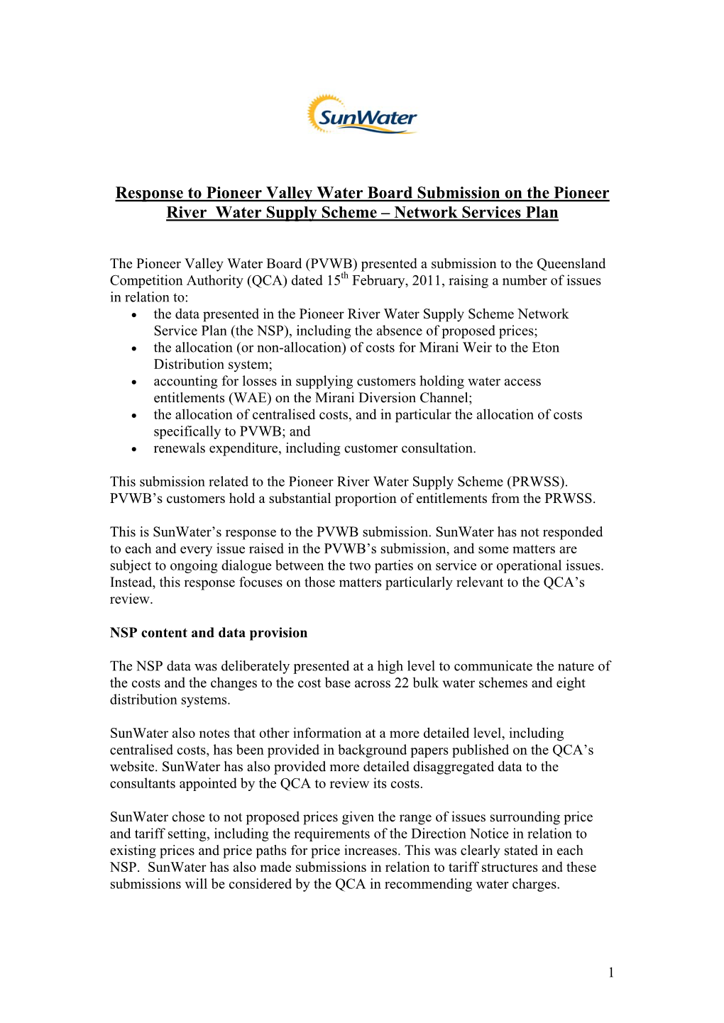 Response to Pioneer Valley Water Board Submission on the Pioneer River Water Supply Scheme – Network Services Plan