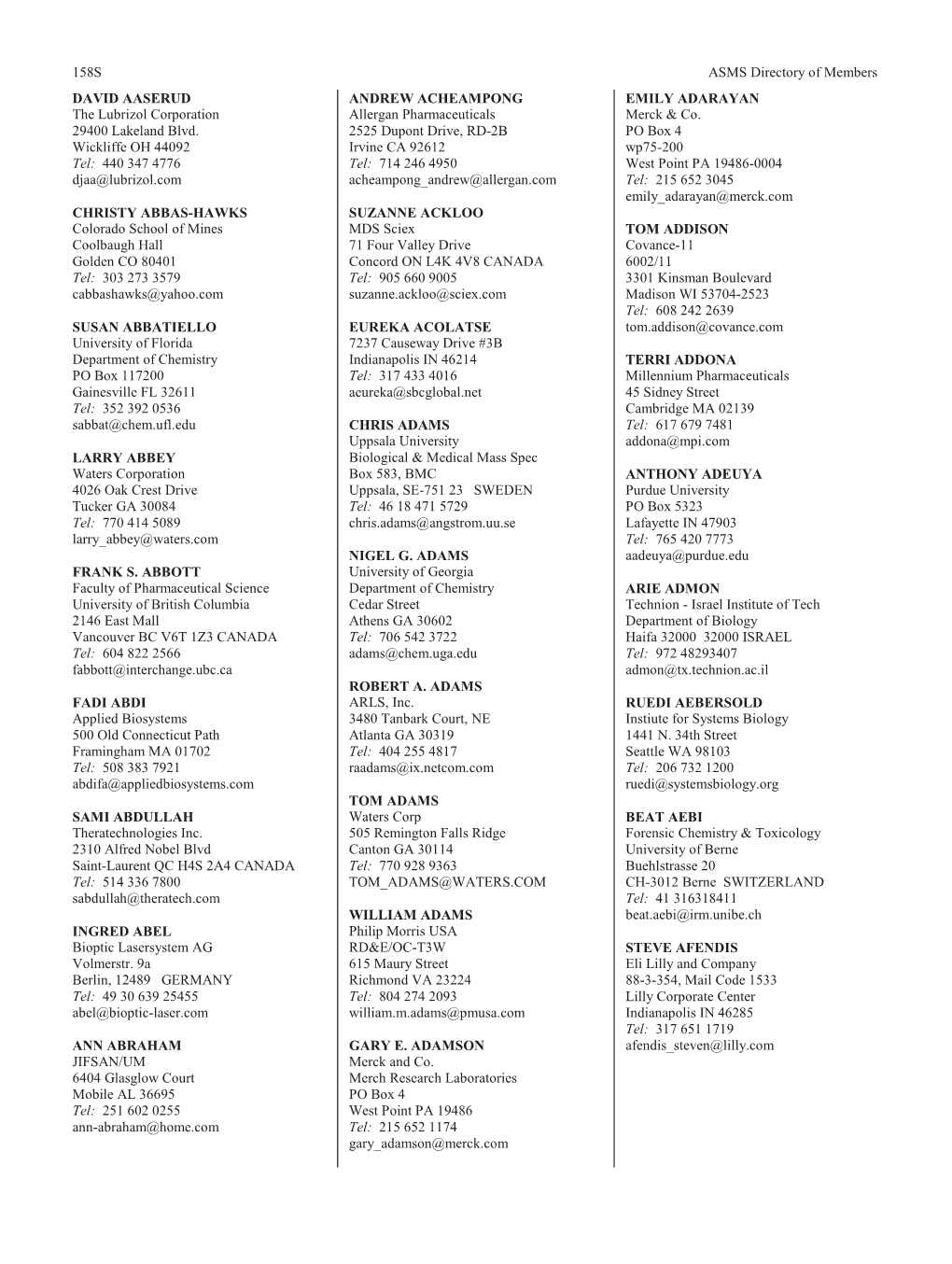 158S ASMS Directory of Members DAVID AASERUD the Lubrizol