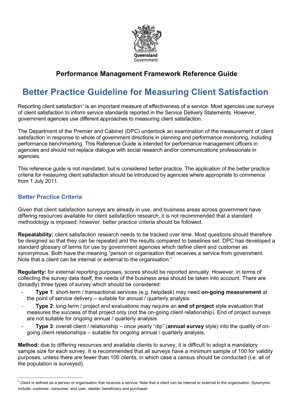 PMF Reference Guide: Better Practice Guideline For Measuring Client Satisfaction