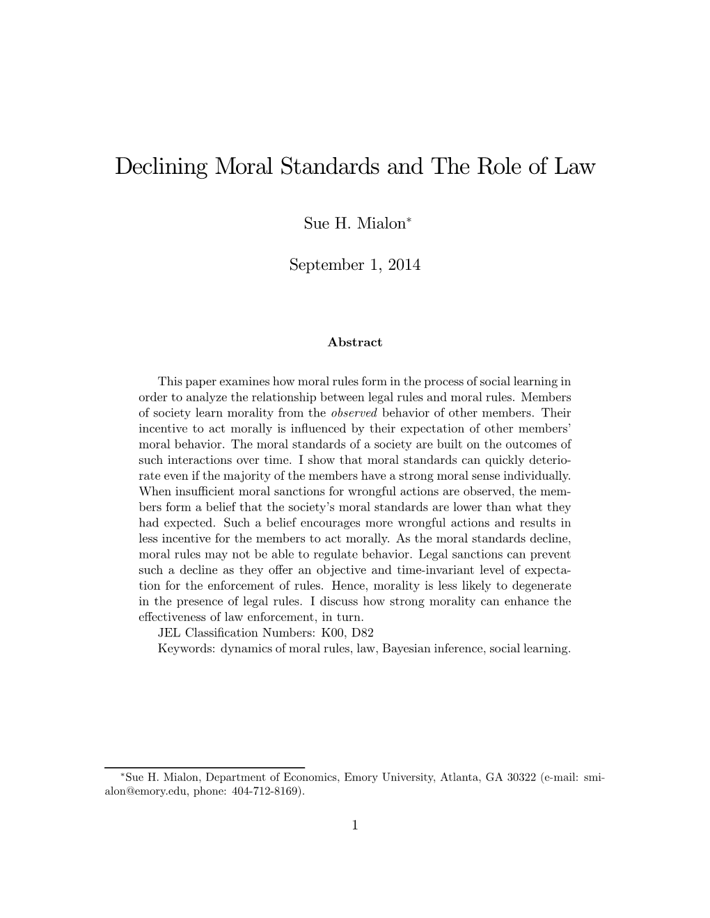 Declining Moral Standards and the Role of Law