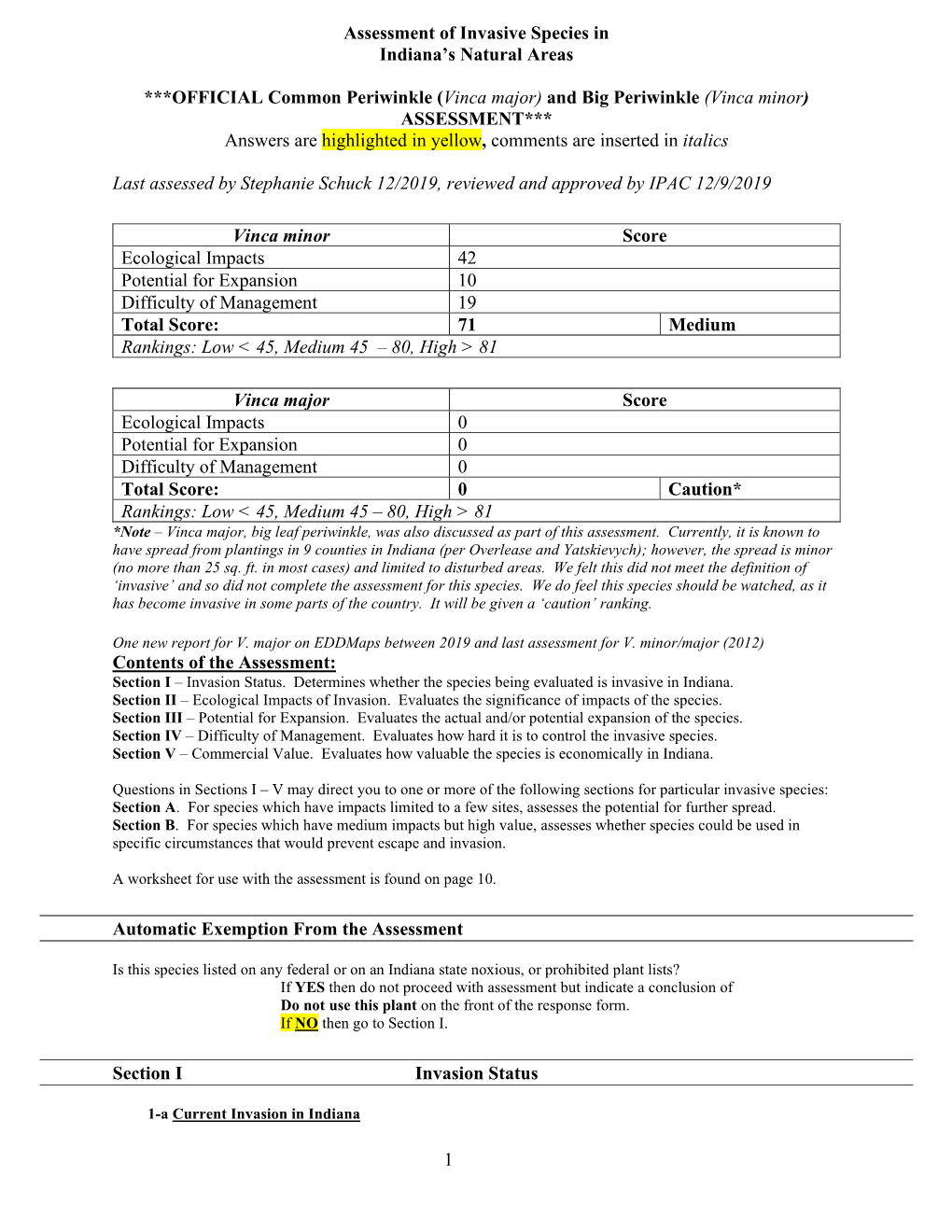 Vinca Minor) ASSESSMENT*** Answers Are Highlighted in Yellow, Comments Are Inserted in Italics