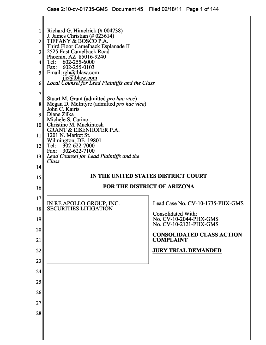 In Re Apollo Group, Inc. Securities Litigation 10-CV-01735-Consolidated Class Action Complaint