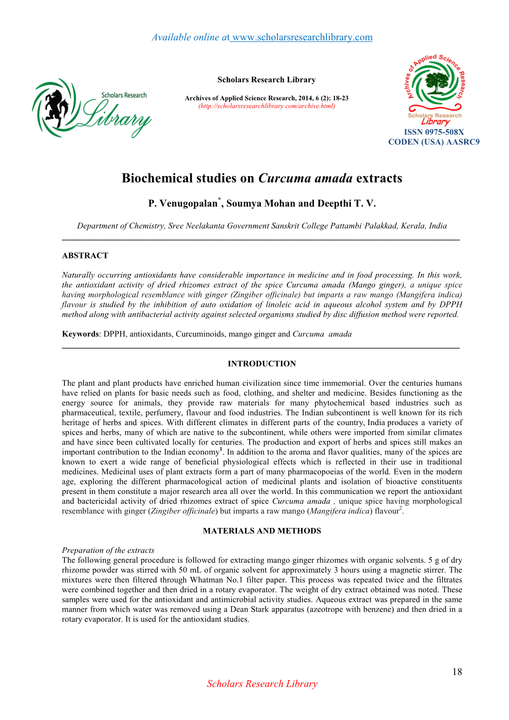 Biochemical Studies on Curcuma Amada Extracts