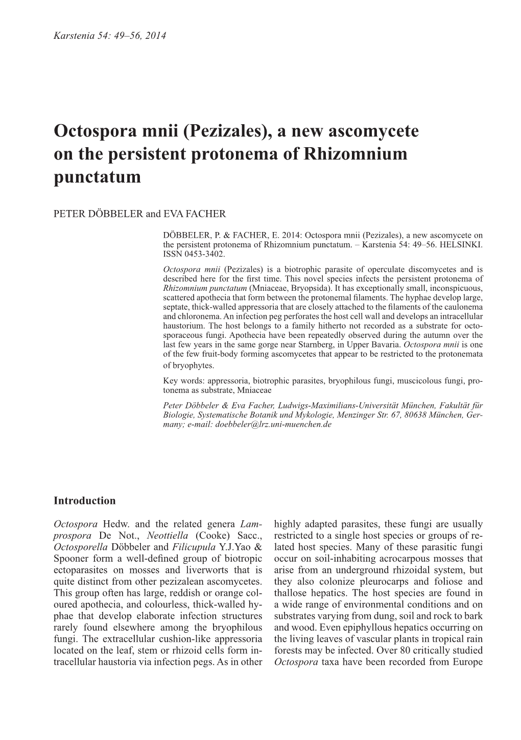 Octospora Mnii Pezizales, a New Ascomycete on the Persistent