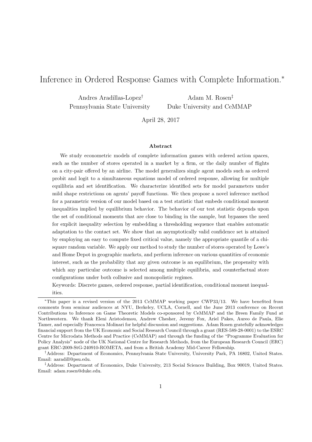 Inference in Ordered Response Games with Complete Information.∗