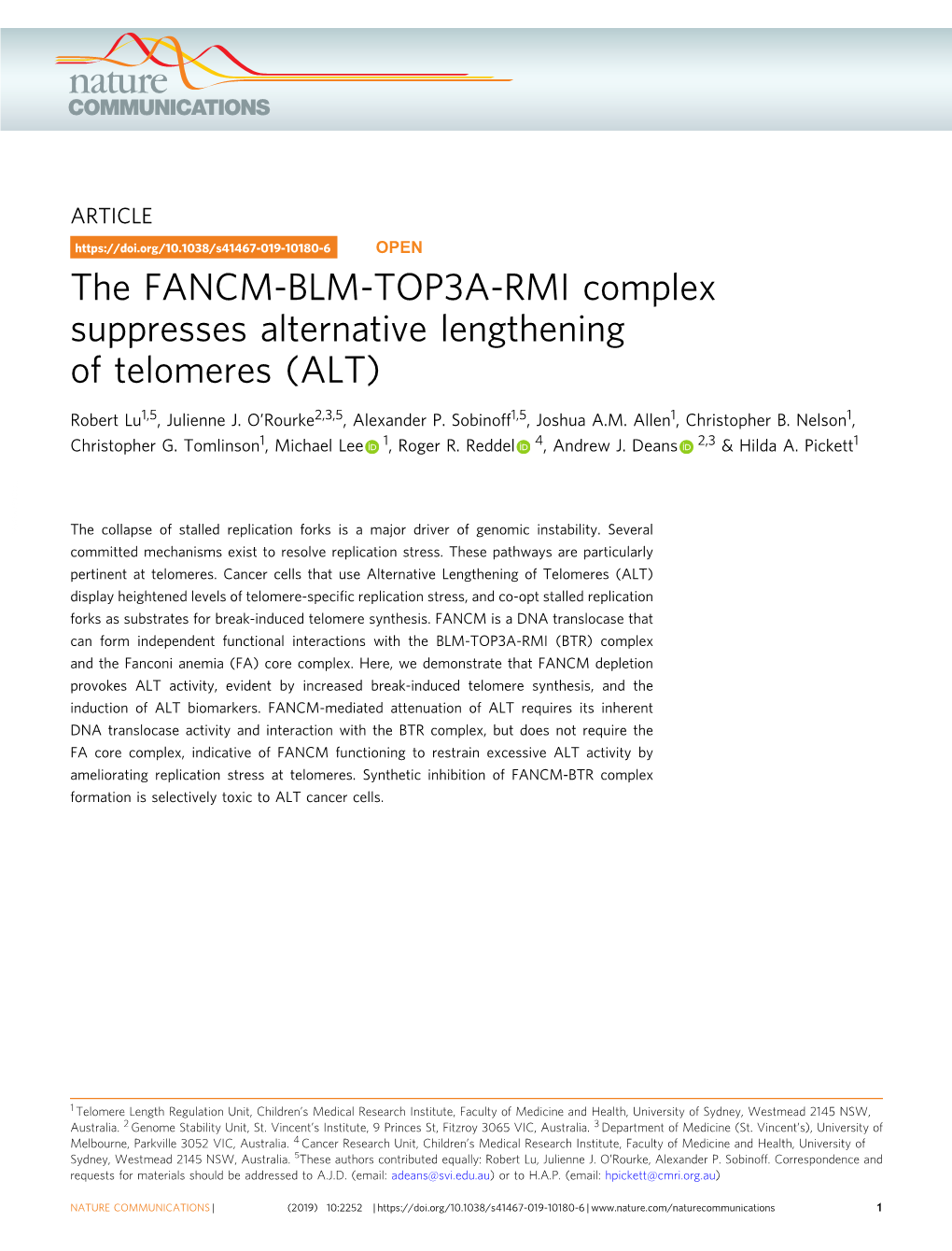 The FANCM-BLM-TOP3A-RMI Complex Suppresses Alternative Lengthening of Telomeres (ALT)