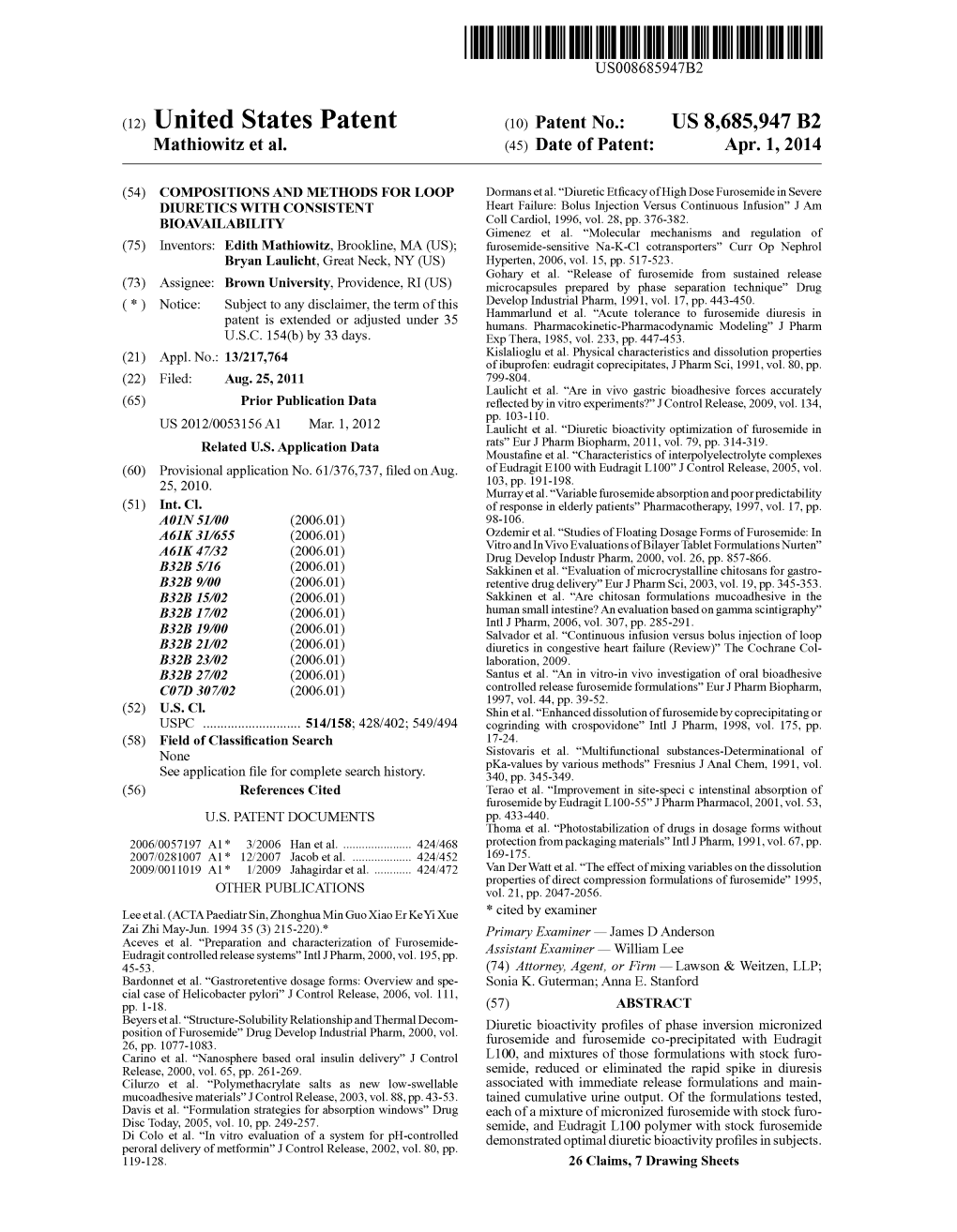 (12) United States Patent (10) Patent No.: US 8,685,947 B2 Mathiowitz Et Al