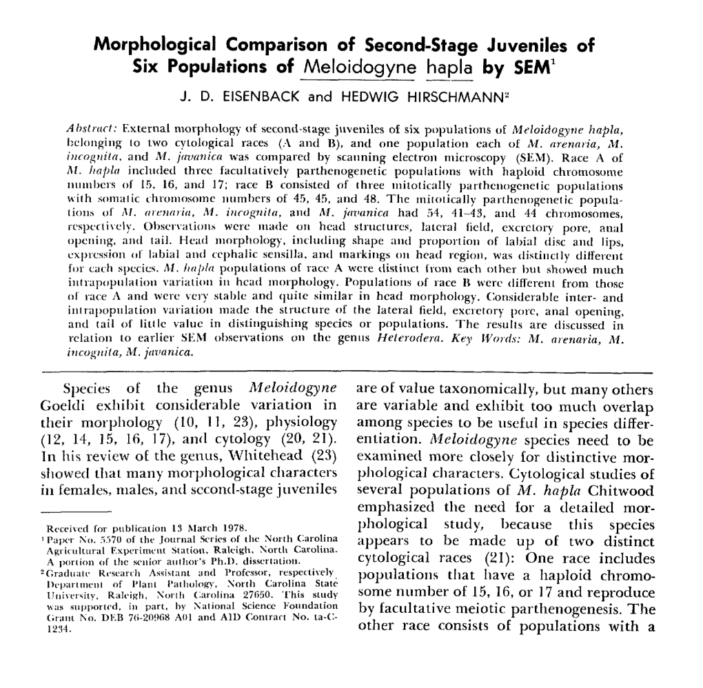 Morphological Comparison of Second-Stage Juveniles of Six Populations of Meloidogyne Hapla by SEM~