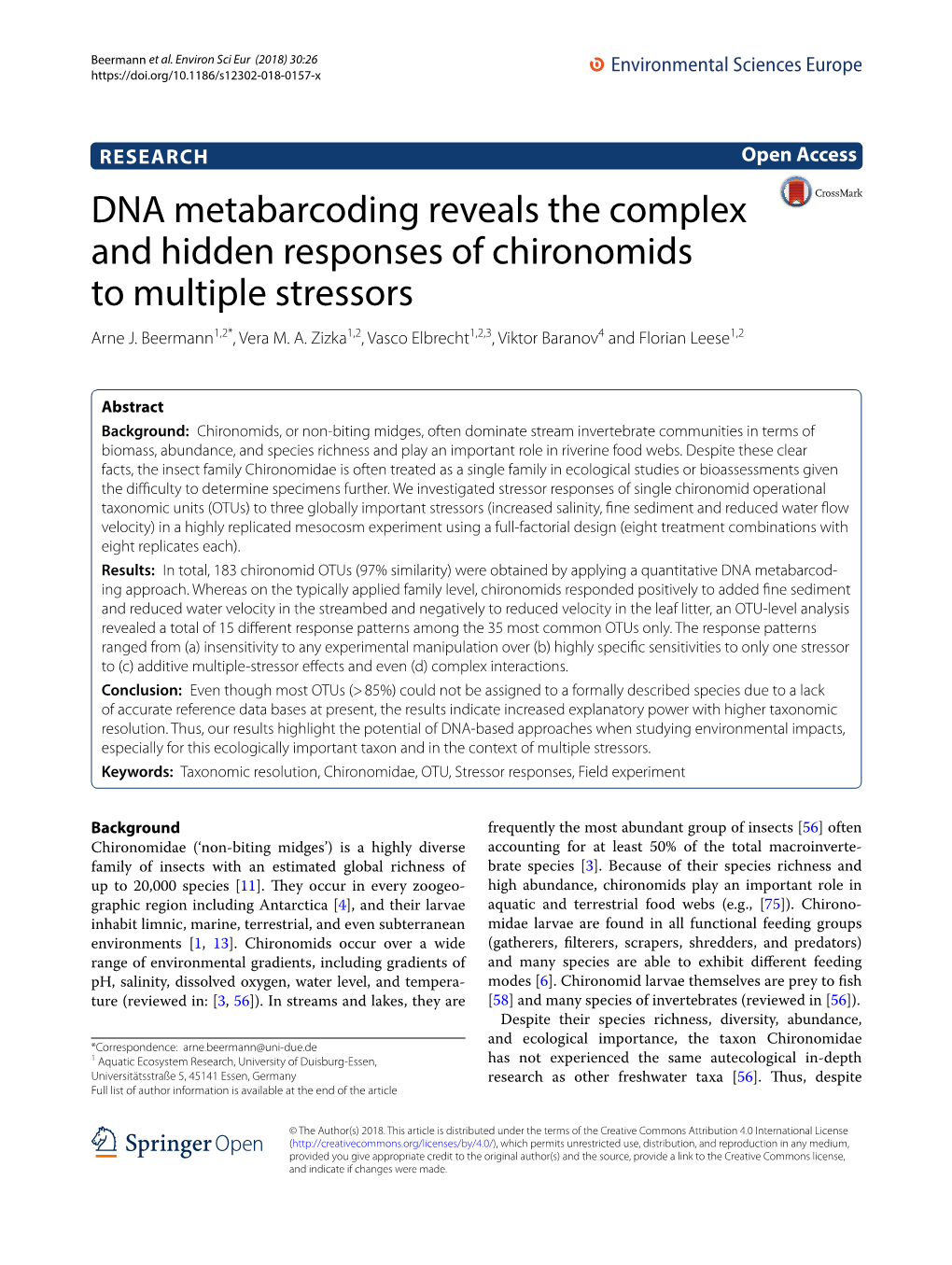 DNA Metabarcoding Reveals the Complex and Hidden Responses of Chironomids to Multiple Stressors Arne J