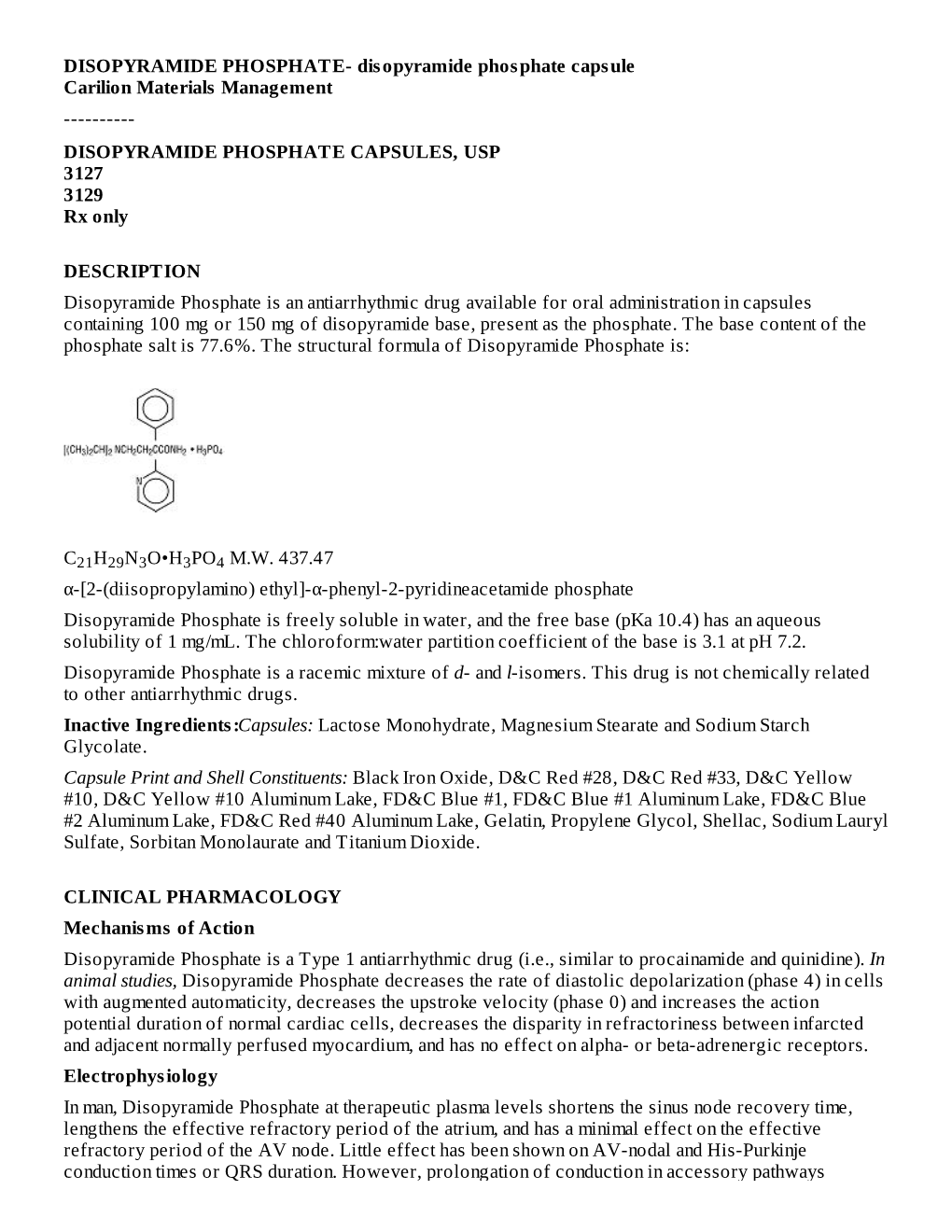 DISOPYRAMIDE PHOSPHATE CAPSULES, Usp31273129rx Only