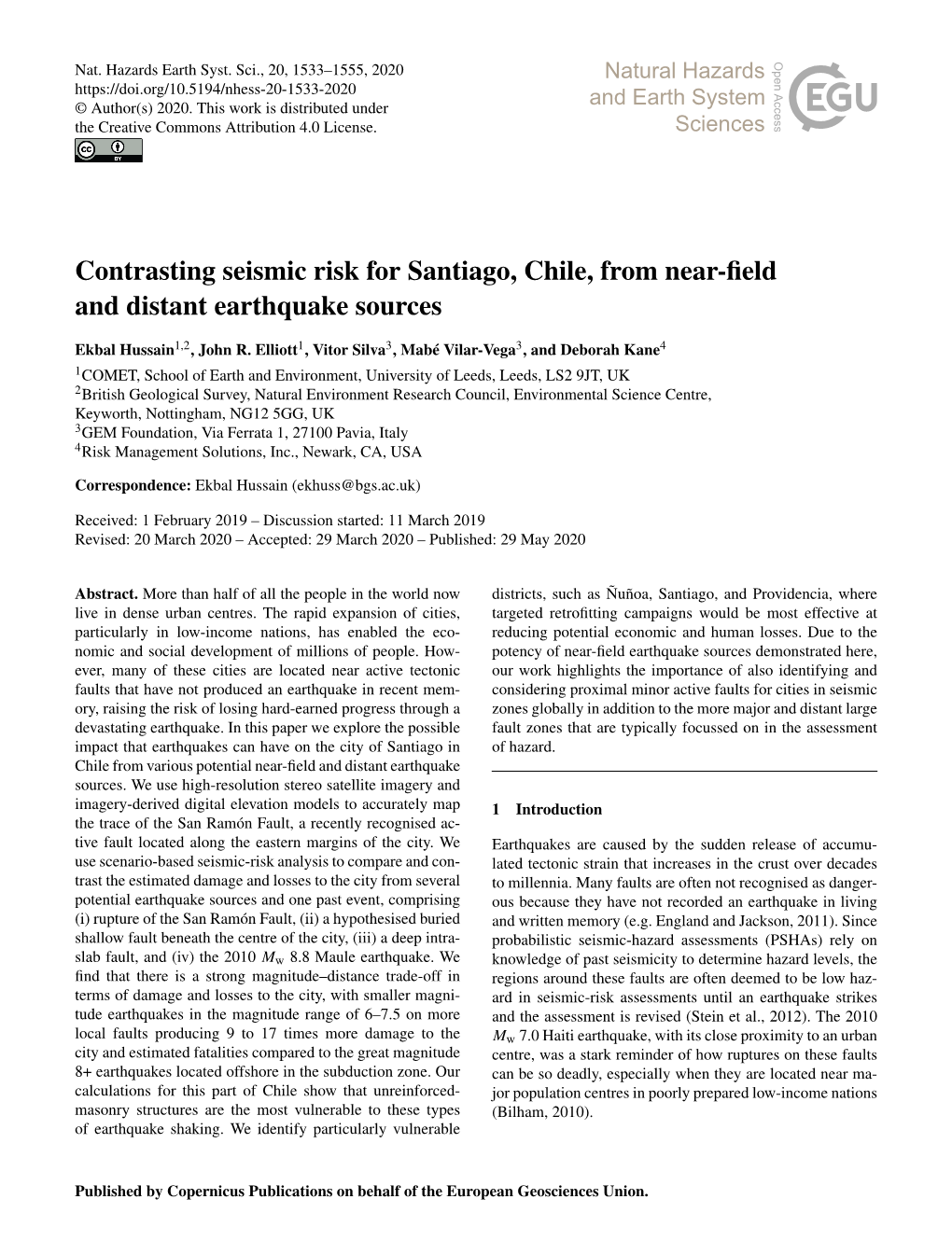 Contrasting Seismic Risk for Santiago, Chile, from Near-ﬁeld and Distant Earthquake Sources