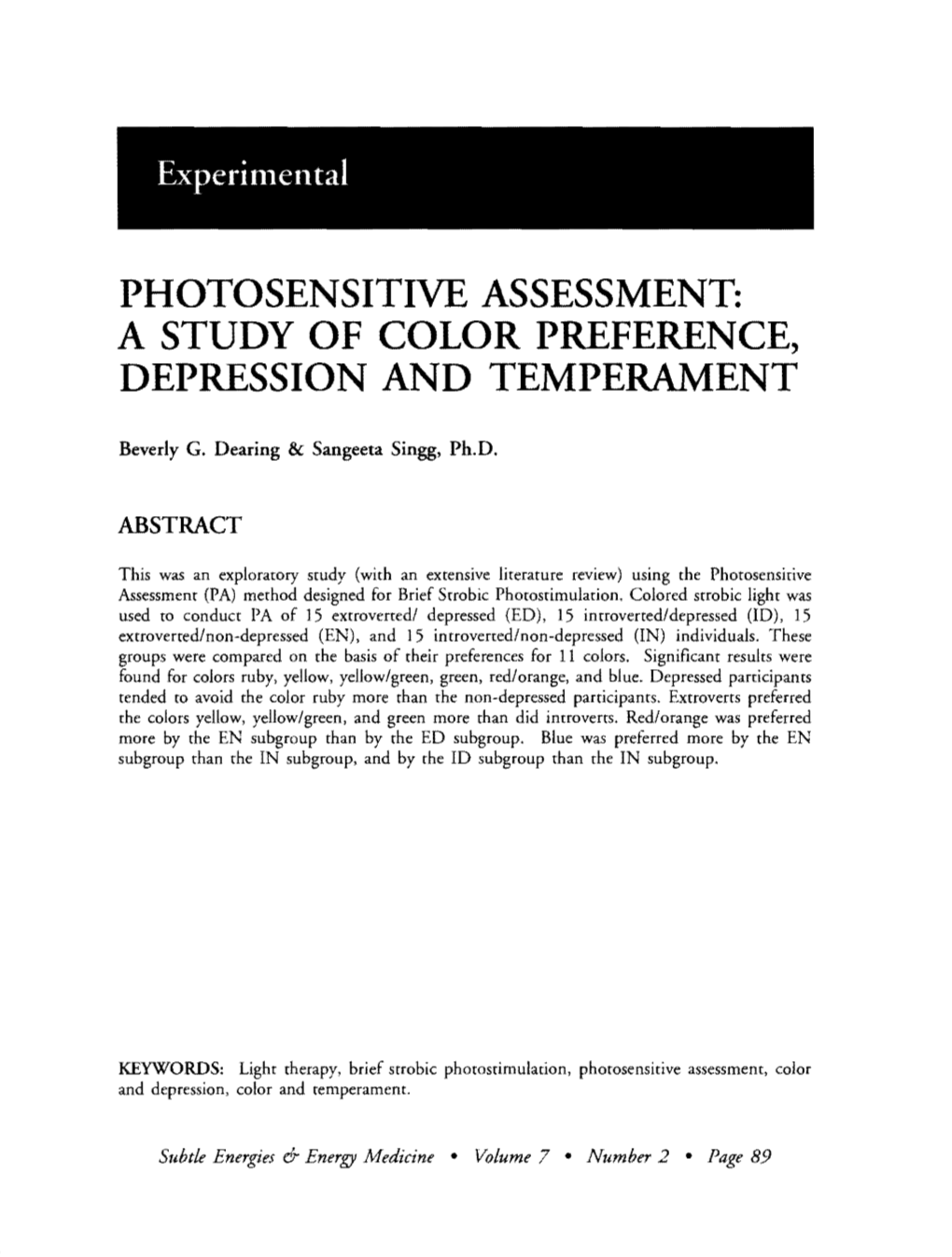 Photosensitive Assessment: a Study of Color Preference, Depression and Temperament