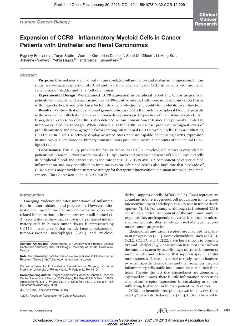 Expansion of CCR8 Inflammatory Myeloid Cells in Cancer Patients