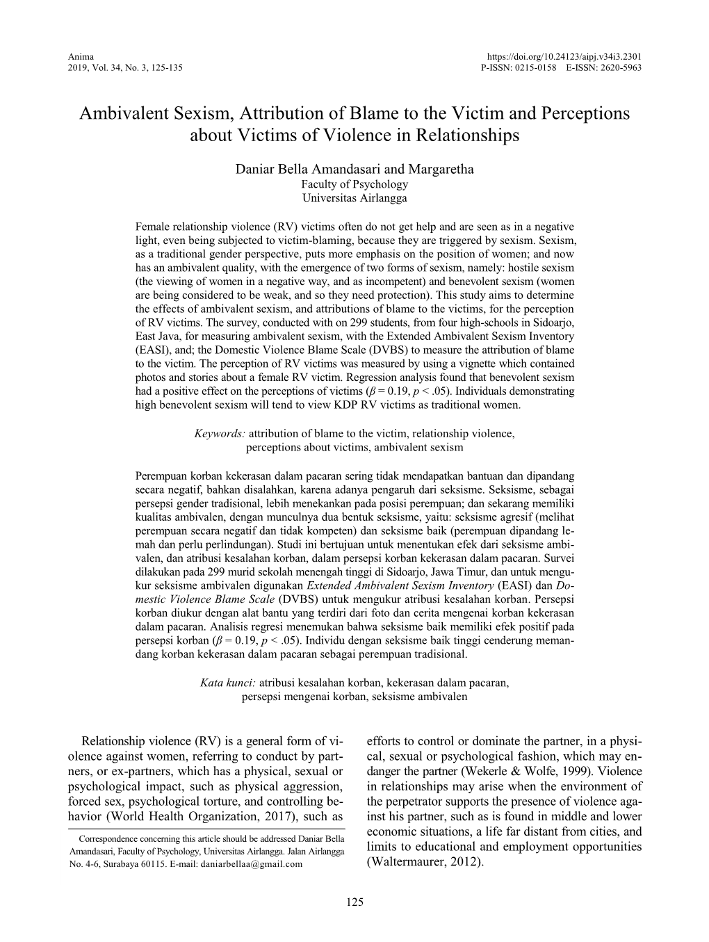 Ambivalent Sexism, Attribution of Blame to the Victim and Perceptions About Victims of Violence in Relationships