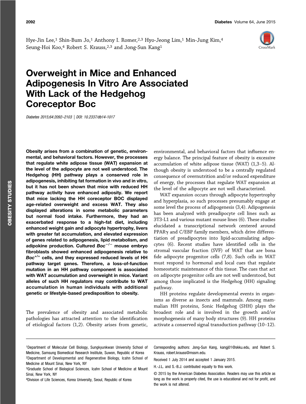 Overweight in Mice and Enhanced Adipogenesis in Vitro Are Associated with Lack of the Hedgehog Coreceptor Boc