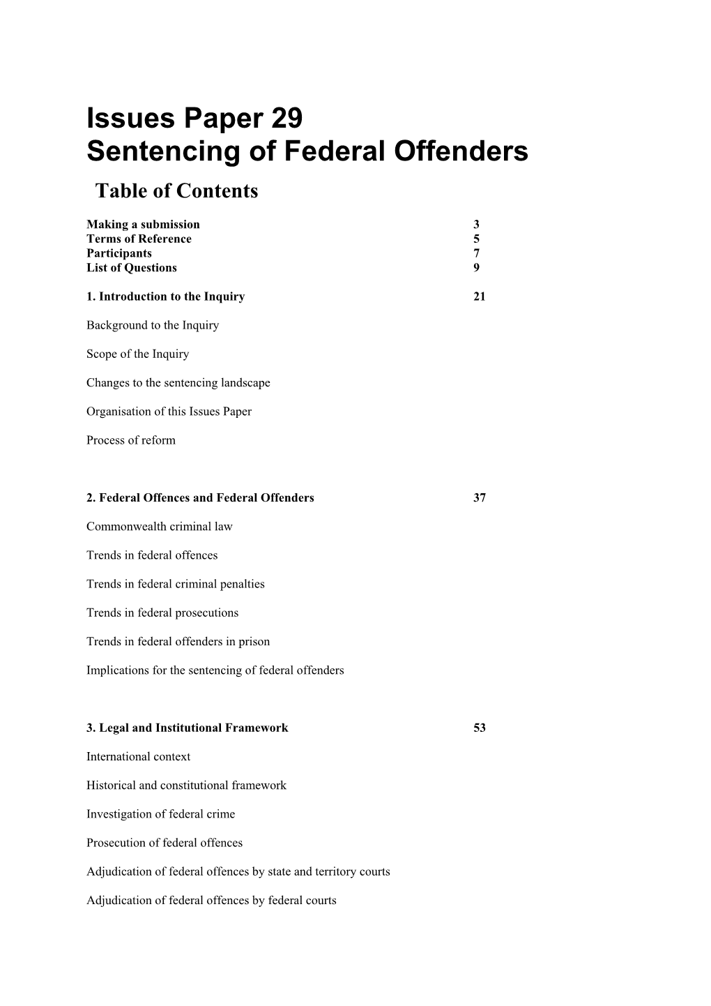 Issues Paper 29 Sentencing of Federal Offenders Table of Contents