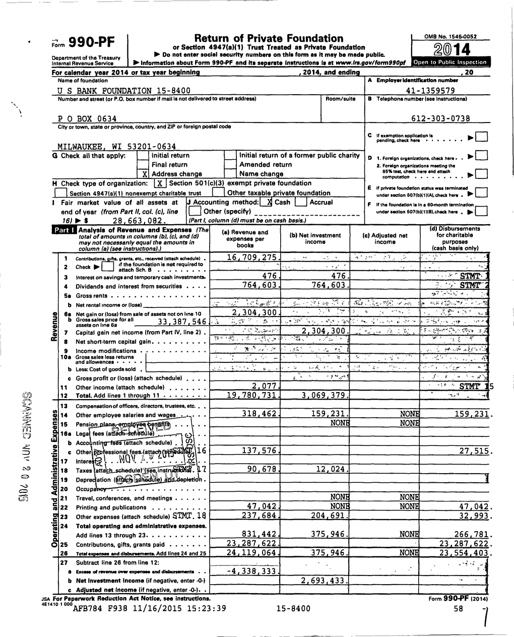 990-PF Or Section 4947 (A)(1) Trust Treated As Private Foundation Do Not Enter Social Security Numbers on This Form As It May Be Made Public