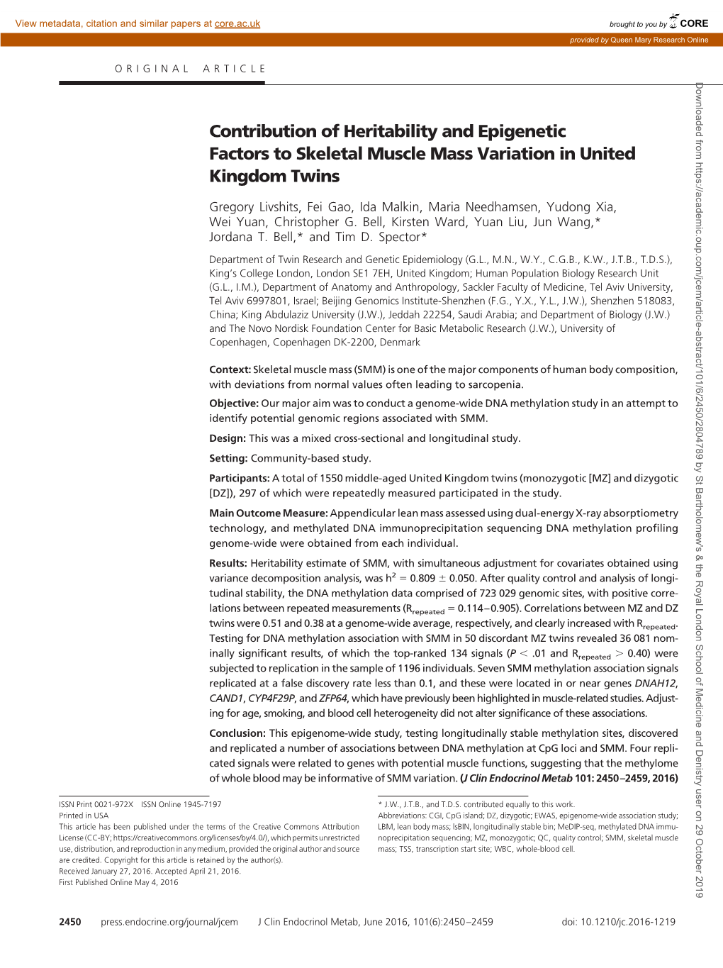 Contribution of Heritability and Epigenetic Factors to Skeletal Muscle Mass Variation in United Kingdom Twins