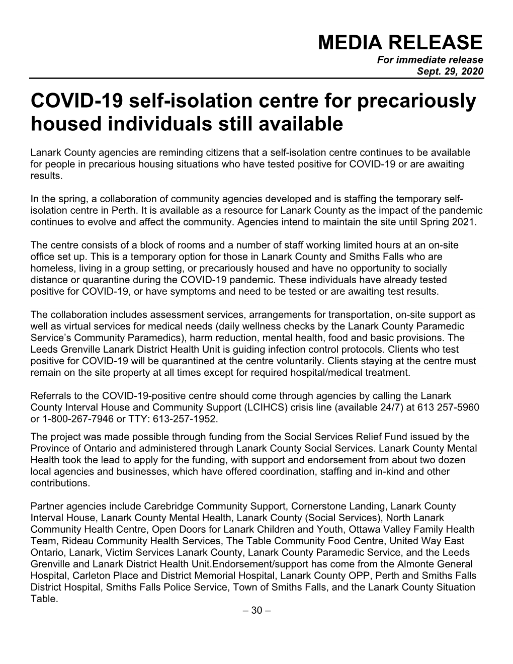 MEDIA RELEASE COVID-19 Self-Isolation