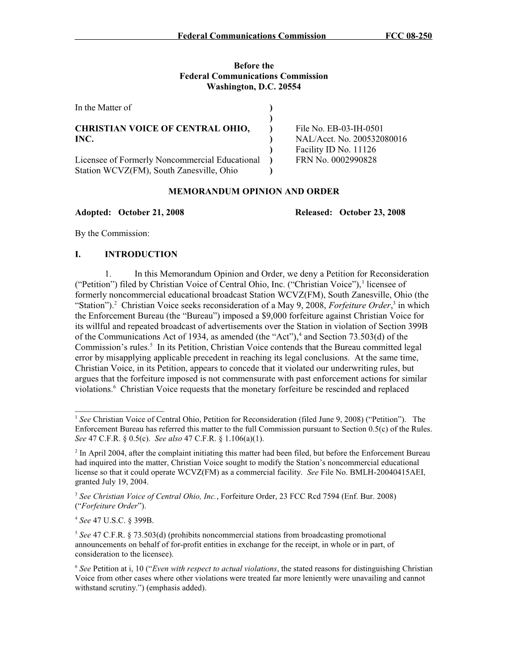 Federal Communications Commission FCC 08-250