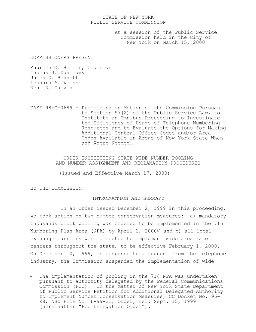 STATE of NEW YORK PUBLIC SERVICE COMMISSION at a Session of the Public Service Commission Held in the City of New York on March 15, 2000