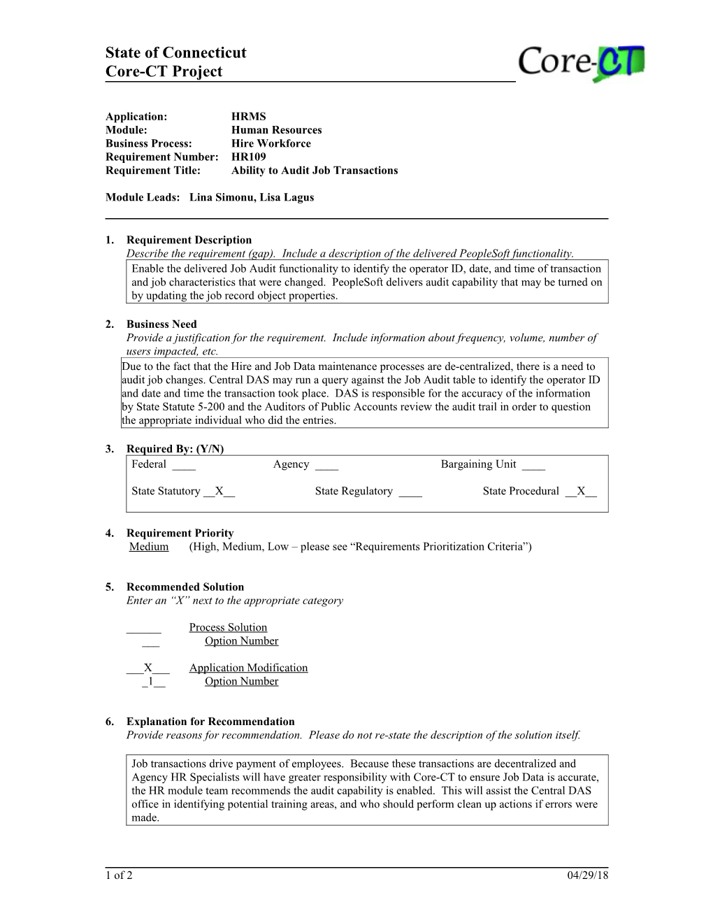 HR109 Job Audit Functionality